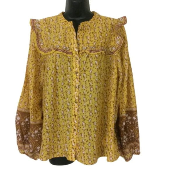 Joie NWT Yellow & Brown Floral 100% Cotton Ruffled Peasant Cottage Core Top S/P - Picture 2 of 7